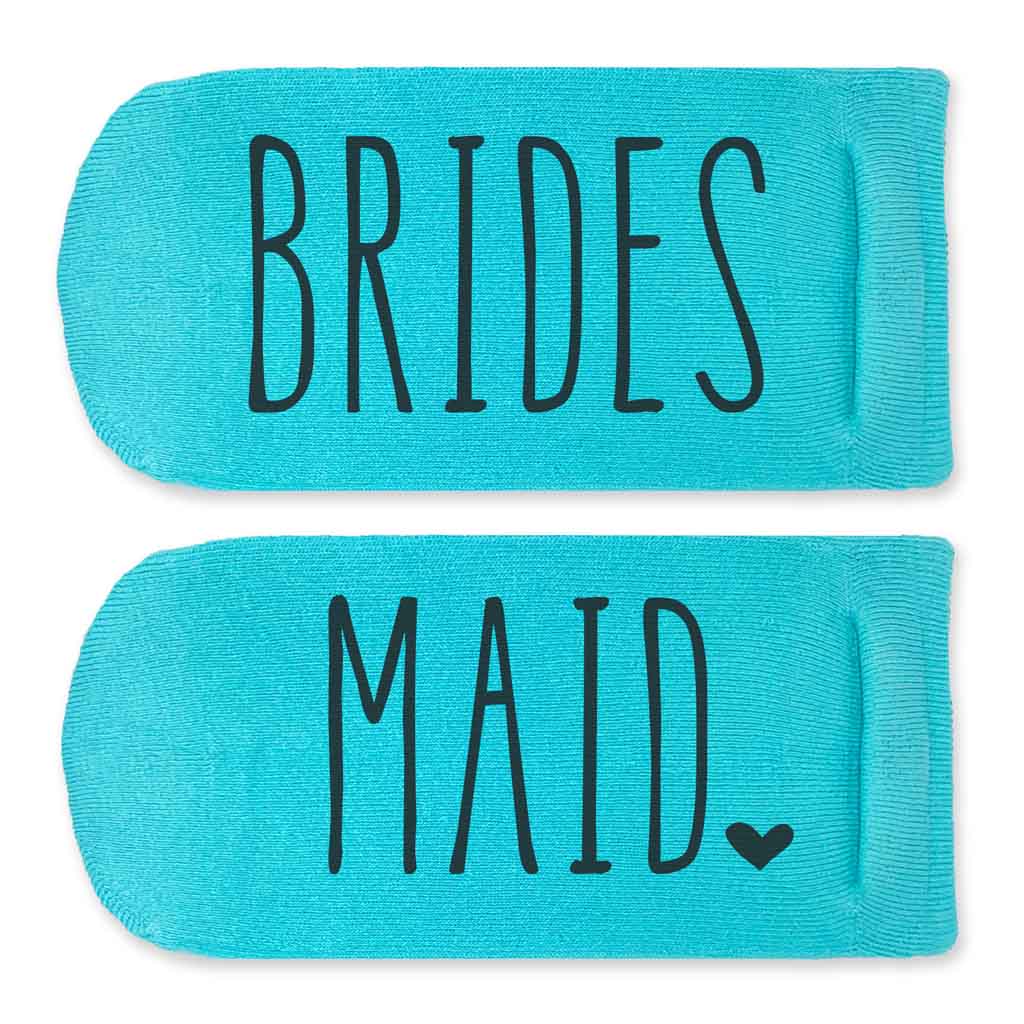 Turquoise no show socks digitally printed with the wedding role on the bottom soles of the socks.