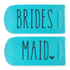 Turquoise no show socks digitally printed with the wedding role on the bottom soles of the socks.