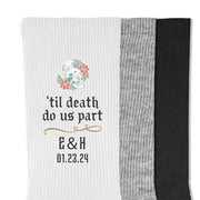 Personalized gothic style wedding theme design digitally printed skulls with a til death do us part and personalized with your initials and wedding date make the perfect wedding keepsake.