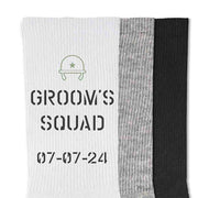 Grooms squad personalized military themed wedding socks designed for all branches of the US military custom printed and personalized with your date make a great accessory.