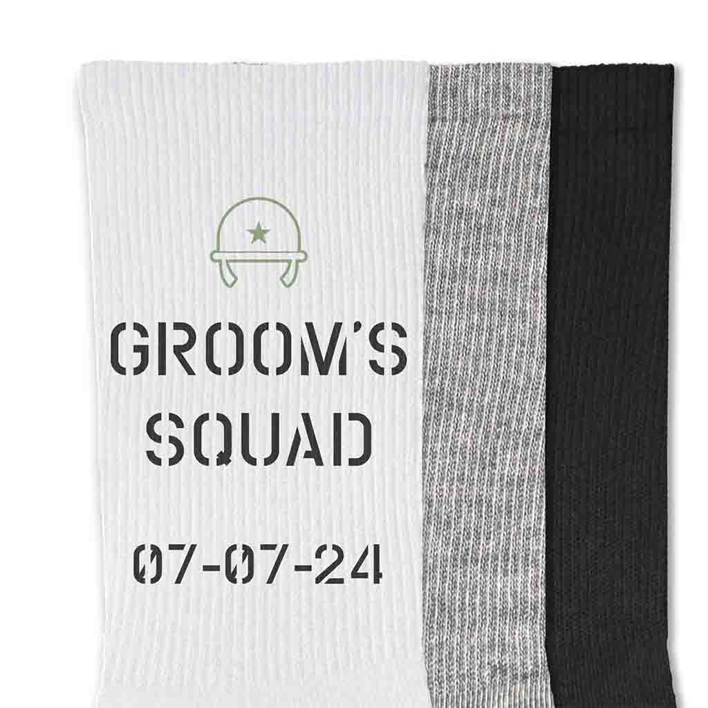 Grooms squad personalized military themed wedding socks designed for all branches of the US military custom printed and personalized with your date make a great accessory.
