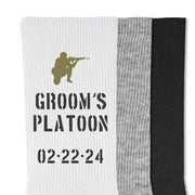 Grooms platoon marines design digitally printed and personalized military themed wedding socks designed for all branches of the US military make the perfect accessory for your wedding.