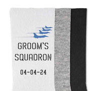 Personalized military themed wedding socks designed for all branches of the US military the grooms squadron design printed with your wedding date make a great accessory on your wedding day.