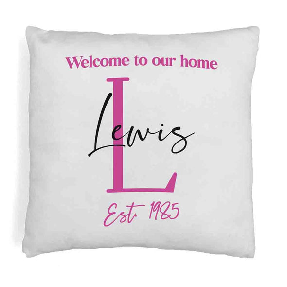 Welcome to our home design custom printed on throw pillow cover with your initial, name and year established.