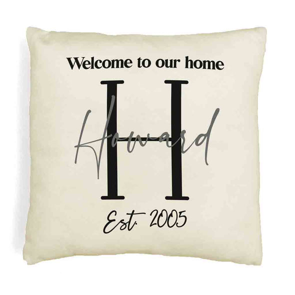 Welcome to our home design custom printed on throw pillow cover with your initial, name and year established.