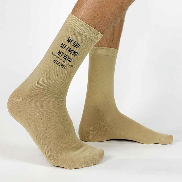 Father of the Groom tan dress socks custom printed and personalized