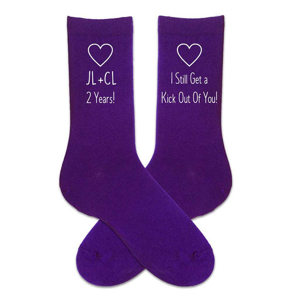 2 year anniversary gift for husband, purple socks with couple's initials