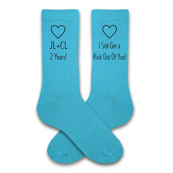 2 year anniversary gift for husband, turquoise socks with couple's initials