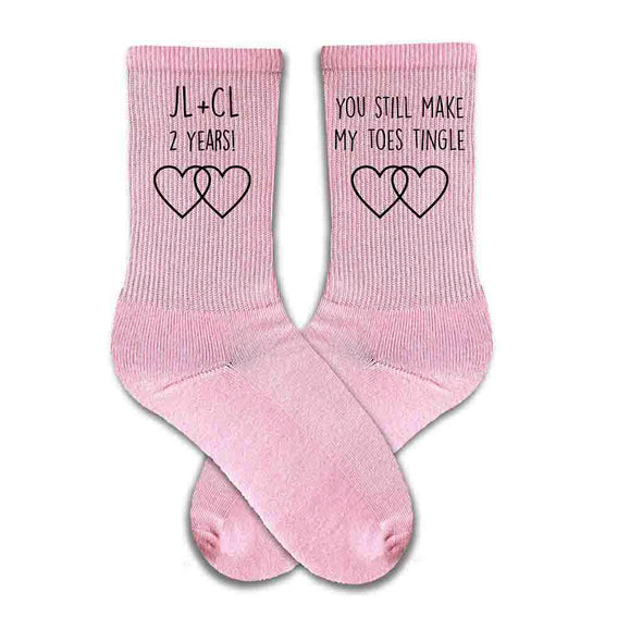 Pink cotton anniversary socks personalized for husband and wife
