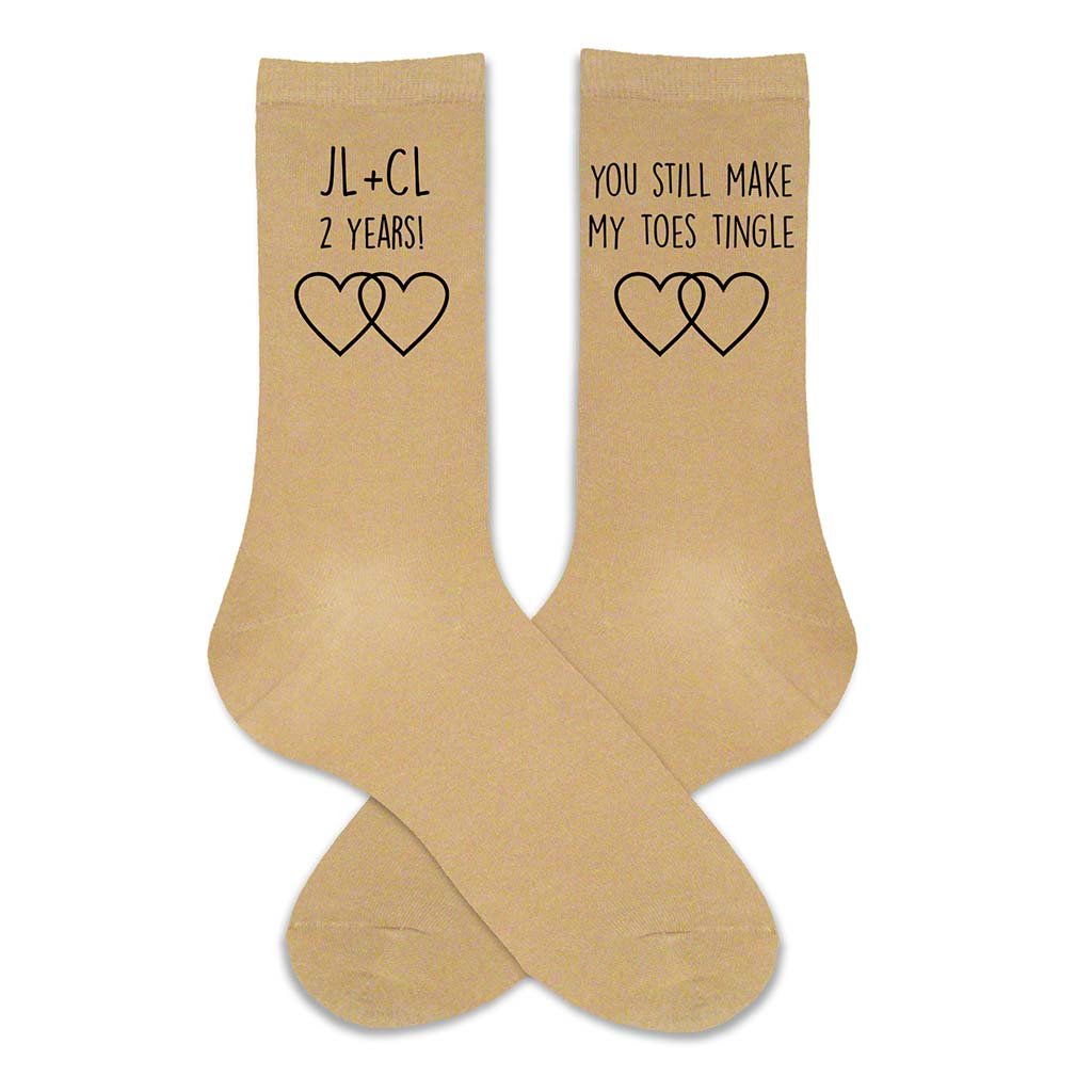 Celebrate your two year anniversary with a pair of custom personalized tan cotton socks
