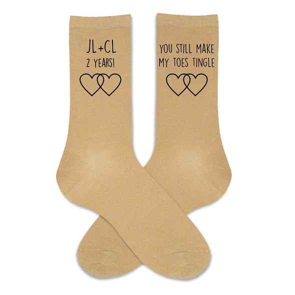 Celebrate your two year anniversary with a pair of custom personalized tan cotton socks