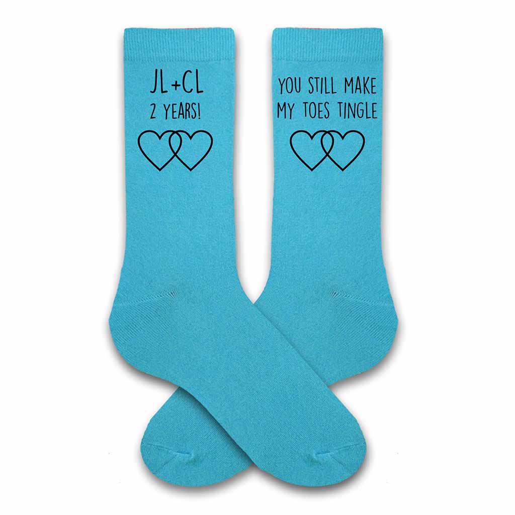Celebrate your two year anniversary with a pair of custom personalized turquoise cotton socks
