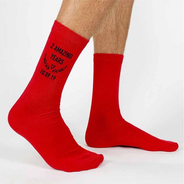 These red two year anniversary socks make a great 2nd anniversary gift for a husband