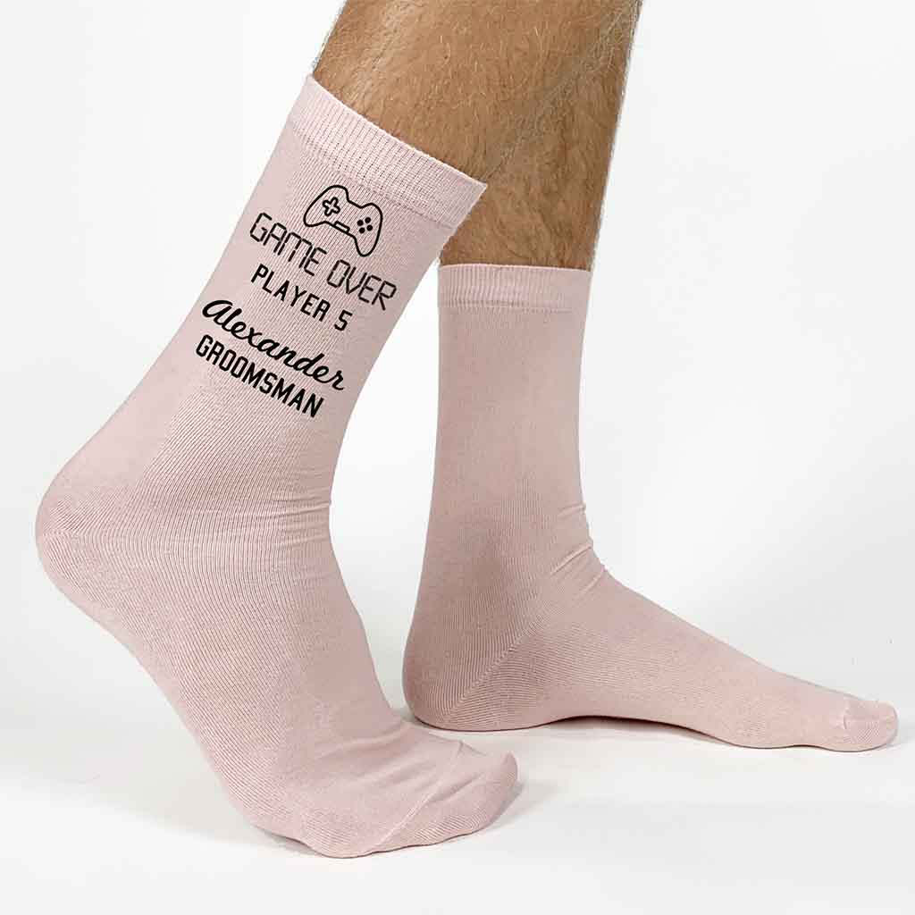 Custom cotton dress socks digitally printed with game over player theme for wedding party gift idea