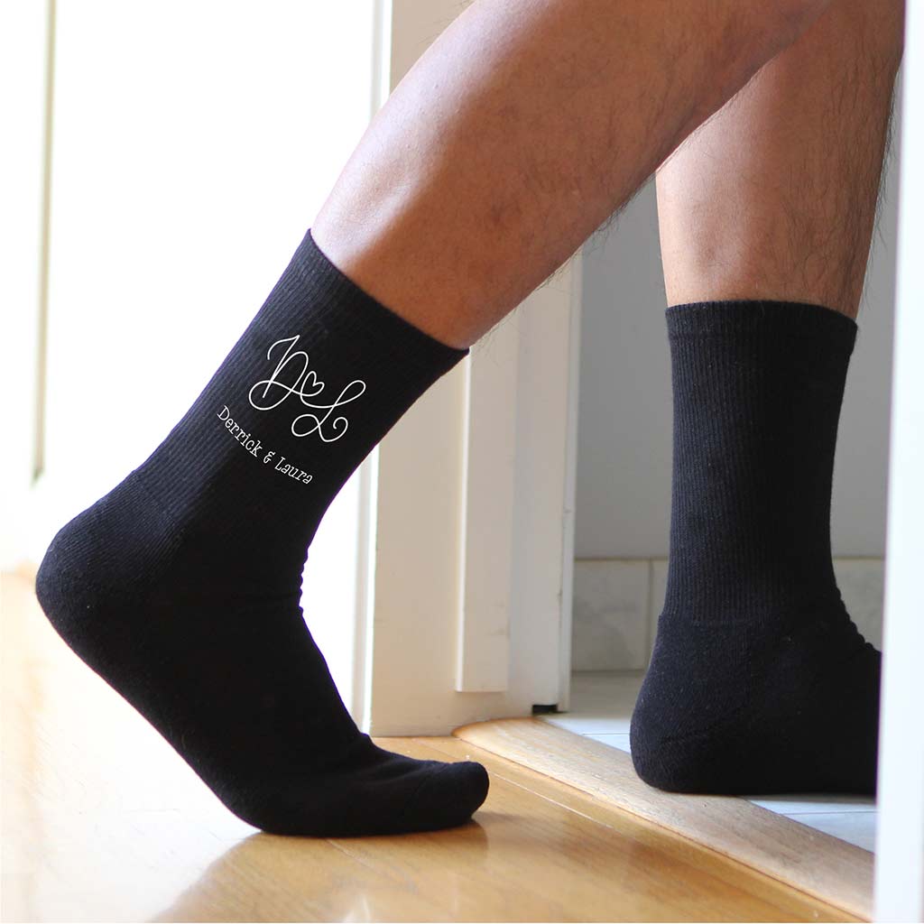 Custom printed wedding monogram socks with couples initials and names
