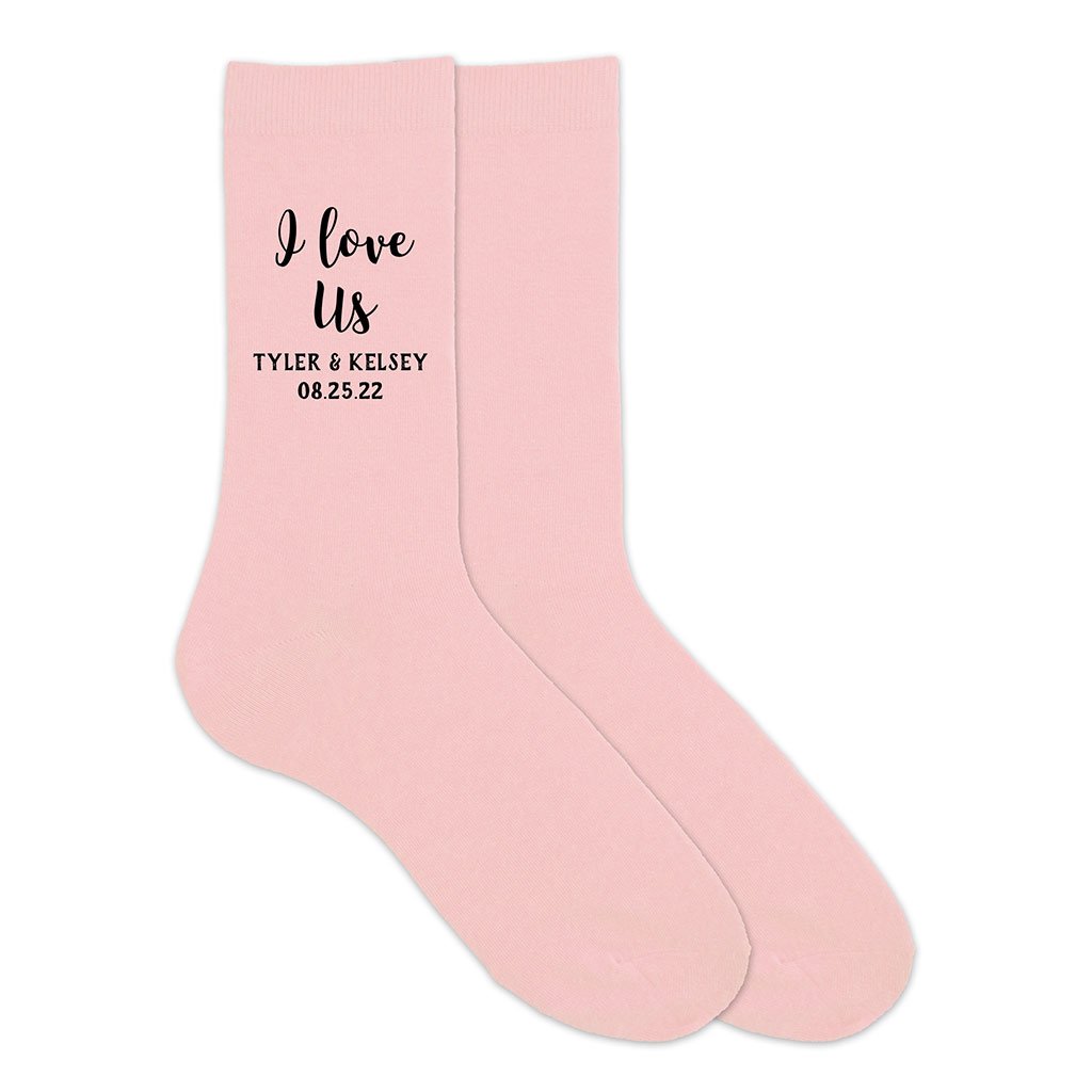 Custom printed wedding socks for the groom with names and date