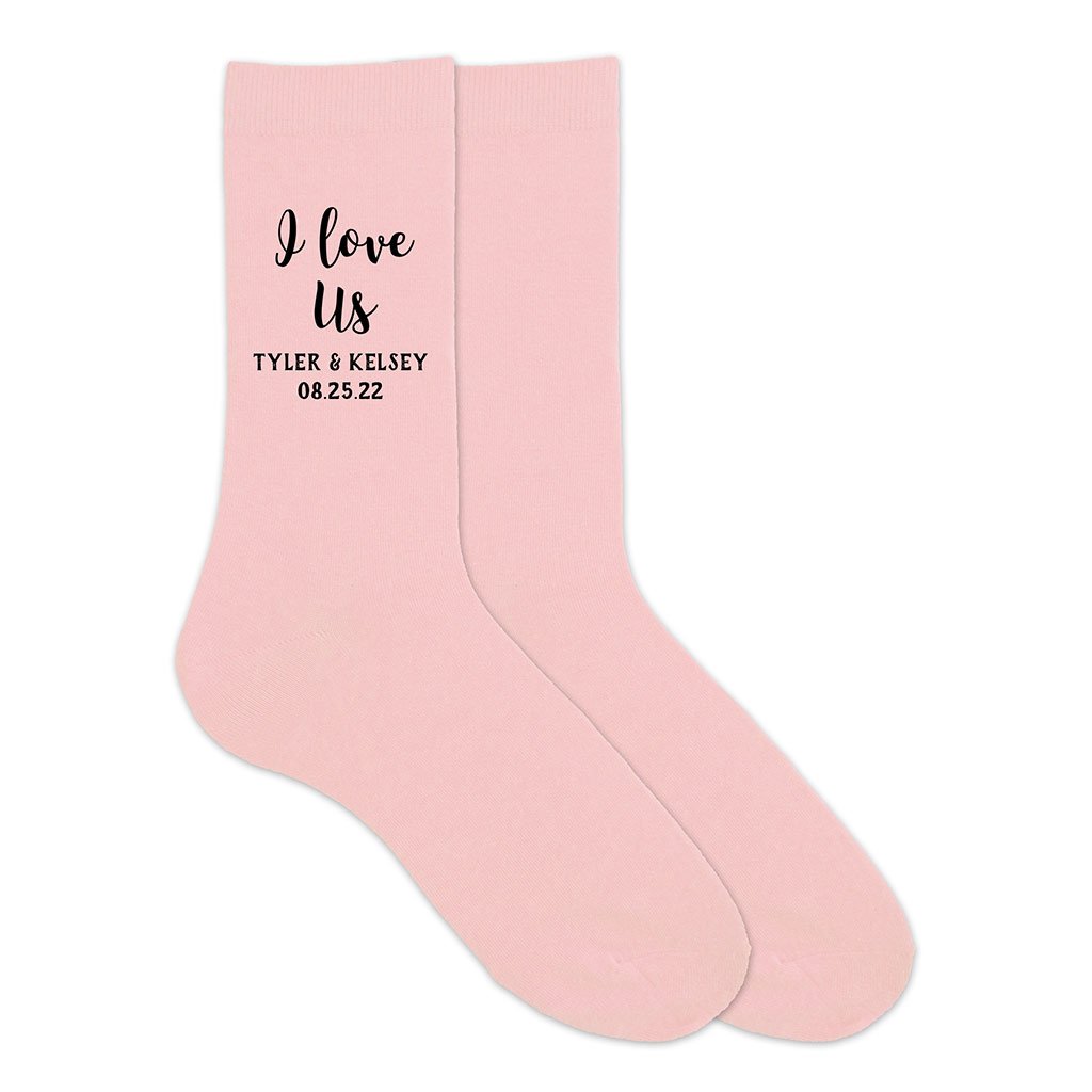 Custom printed wedding socks for the groom with names and date