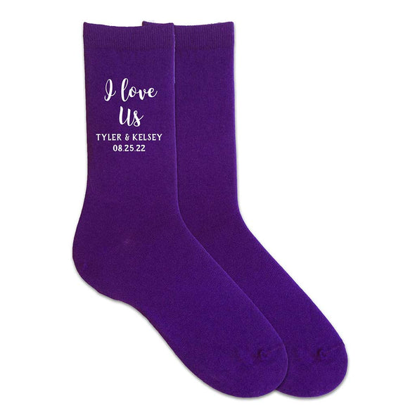 I love us, names, and wedding date custom printed on purple dress socks