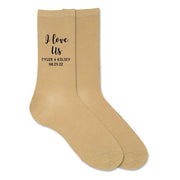 I love us, names, and date custom printed on tan dress socks