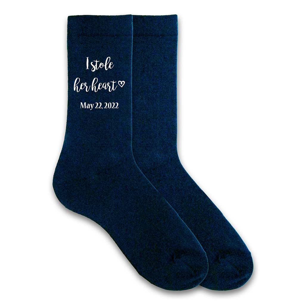 Personalized wedding socks for the groom custom printed with date