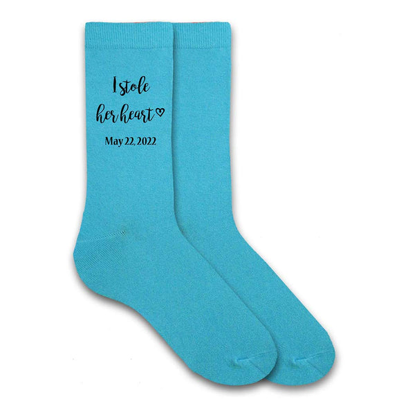 Comfy personalized wedding socks for the groom with date make a great gift 