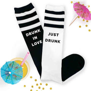 Comfortable knee high socks custom printed with Drunk in Love and Just Drunk for your bachelorette party!