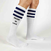 Custom white knee high socks with navy stripes digitally printed just drunk and drunk in love for your bachelorette party!