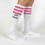 Comfy cotton white knee high socks with pink stripes custom printed with just drunk and drunk in love for your bachelorette party