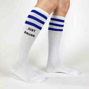 Comfortable white knee high socks with royal blue stripes digitally printed for your bachelorette party