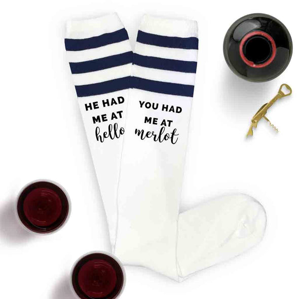 Custom bachelorette party white knee high socks with navy blue stripes digitally printed with he had me at hello and you had me at merlot