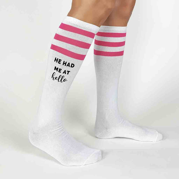 Custom bachelorette party white knee high socks with pink stripes digitally printed with you had me at merlot and he had me at hello
