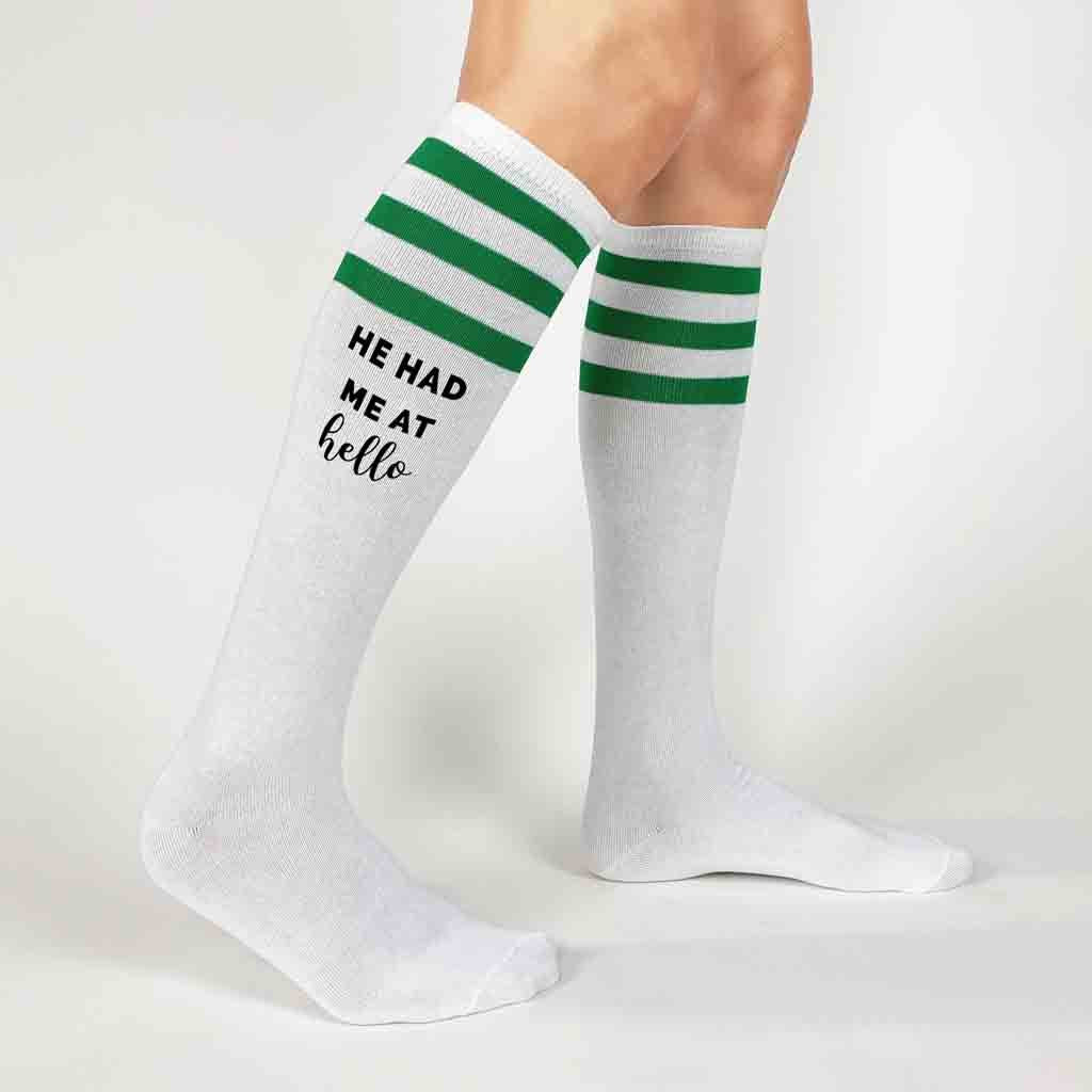 Fun bachelorette party white knee high socks with green stripes digitally printed with he had me at hello and you had me at merlot for your party goers