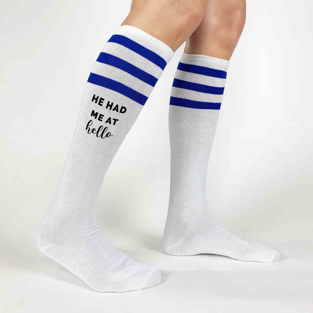 Custom bachelorette party white knee high socks with royal blue stripes digitally printed with he had me at hello and you had me at merlot 
