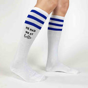 Custom bachelorette party white knee high socks with royal blue stripes digitally printed with he had me at hello and you had me at merlot 