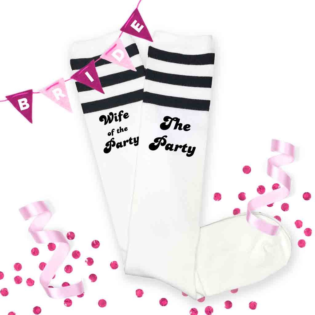Custom white knee high socks with black stripes digitally printed with wife of the party and the party