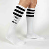 Custom white knee high socks with black stripes digitally printed with wife of the party and the party for your bachelorette party 