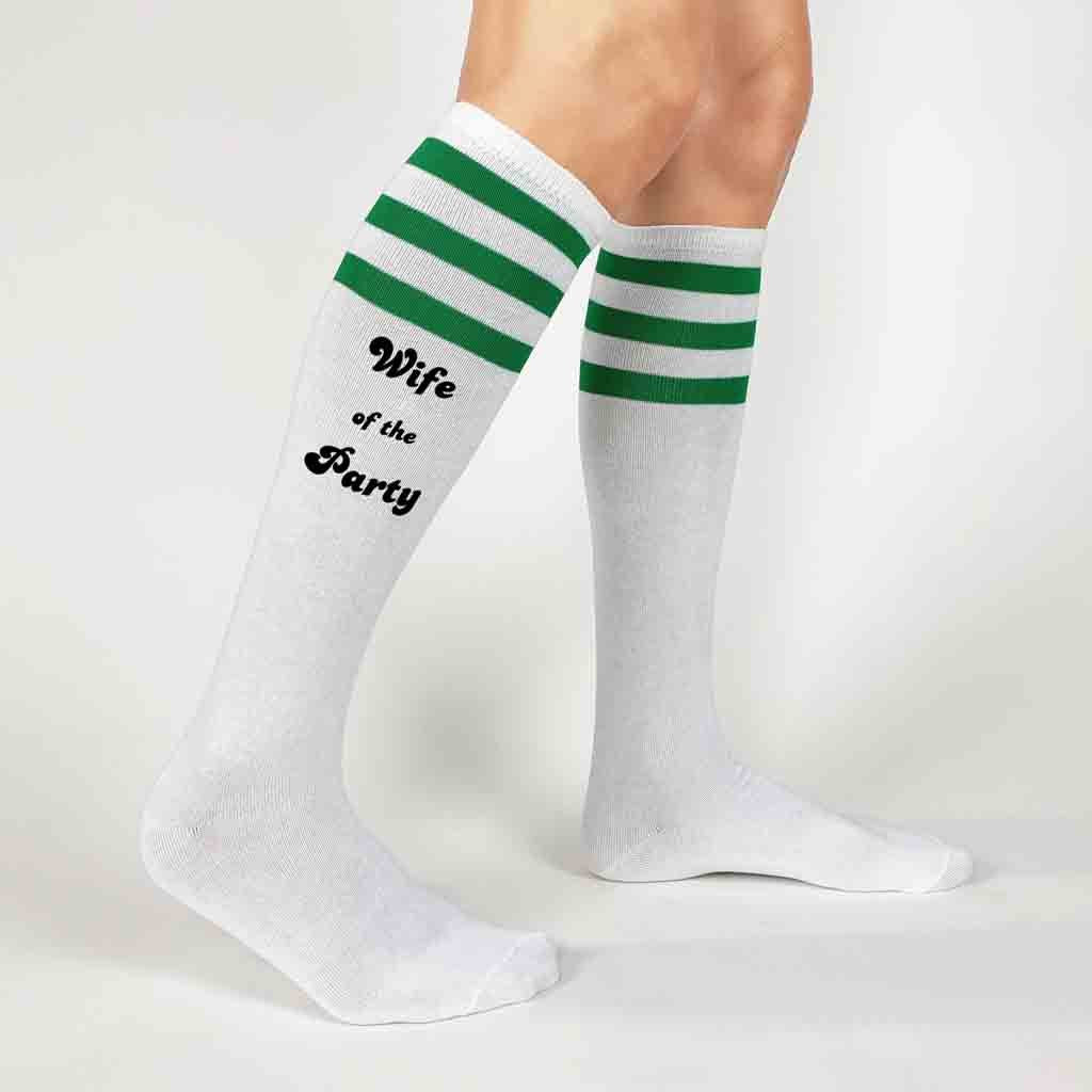 Fun white knee high socks with green stripes custom printed for your bachelorette party