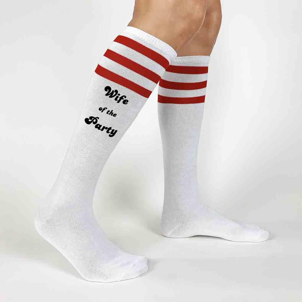 Comfortable white knee high socks with red stripes digitally printed with wife of the party and the party