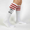 Comfortable white knee high socks with red stripes digitally printed with wife of the party and the party