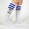 Fun white knee high socks with royal blue stripes digitally printed with the party and wife of the party