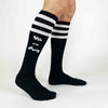 Fun black knee high socks with white stripes custom printed in white ink with Wife of the party and the party