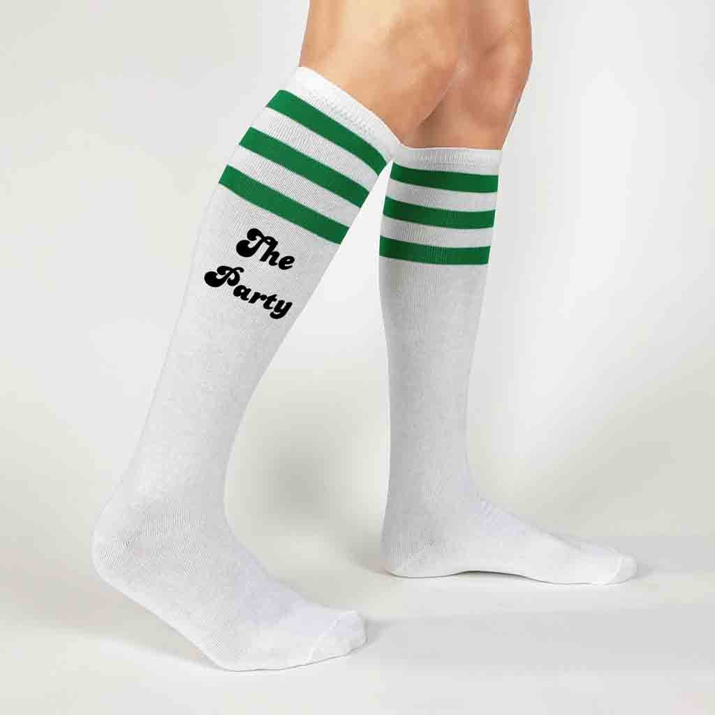 Custom knee high socks digitally printed with the party and wife of the party for your bachelorette party 