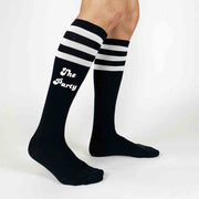 Custom black knee high socks with white stripes digitally printed in white ink with the party and wife of the party