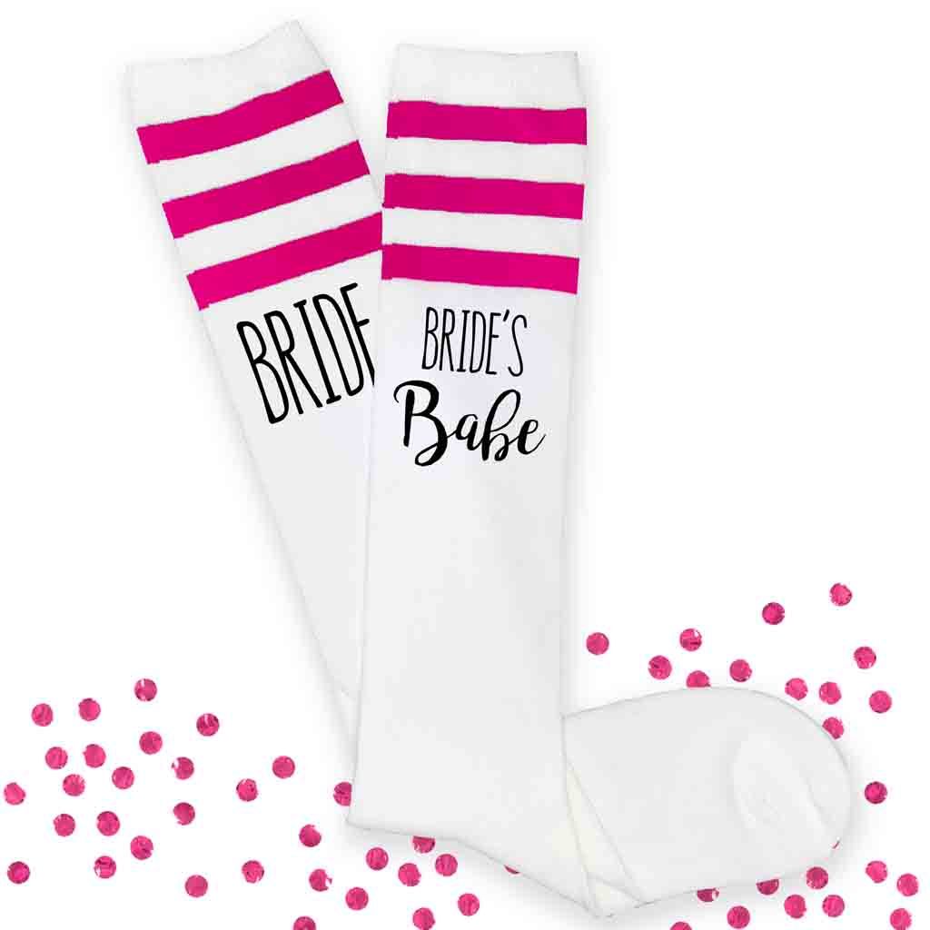Bachelorette party knee high socks custom printed with bride and bride's babes!