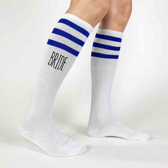 Custom bachelorette party knee high socks with royal blue stripes digitally printed with Bride and Bride's babes!
