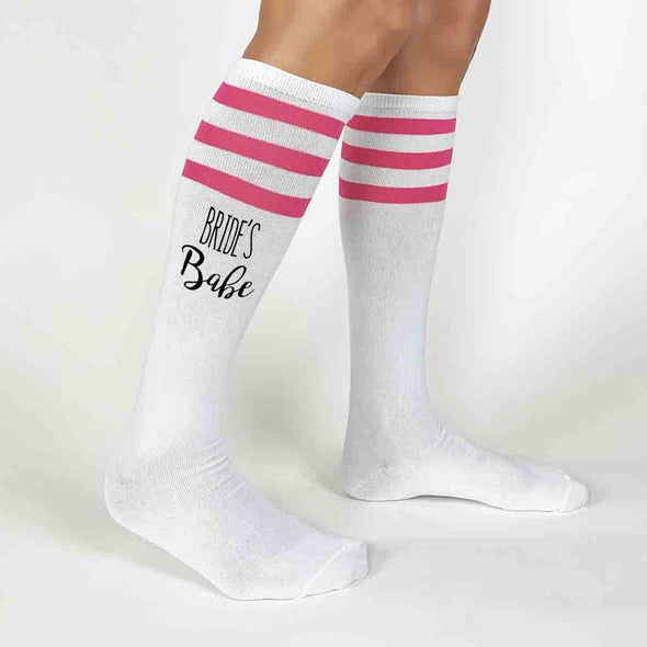 Custom pink striped knee high socks digitally printed for your bridal party