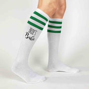 Comfortable bachelorette party green striped knee high socks digitally printed with Bride and Bride's Babe