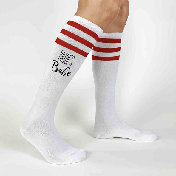 Custom printed bachelorette party red striped knee high socks digitally printed wit Bride or Bride's Babe!