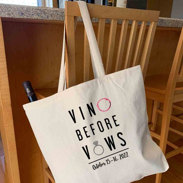 Vino before vows custom printed on large bachelorette party tote bag