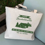 Custom natural weekend tote bag digitally printed with camp bachelorette and city and state